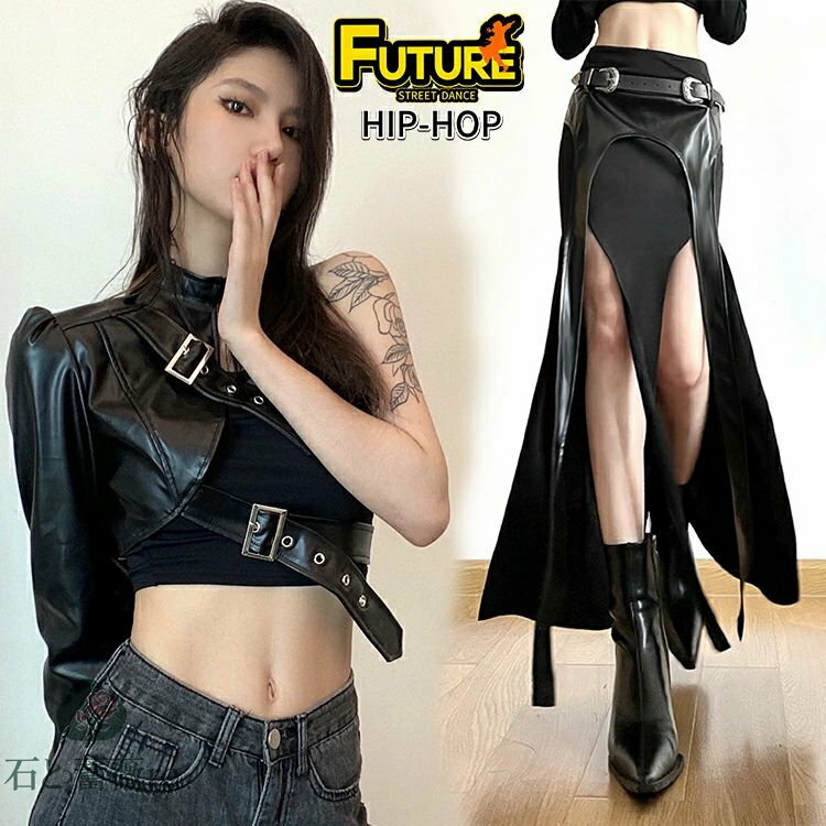k-pop 衣装 韓国 ダンス セットアップ レザー 片袖 スカート タンクトップ へそ出し セクシー ダンス衣装 レディース 革スカート ヒップホップ 韓国 アイドル kpop衣装 ジャズダンス 衣装 韓国 大人 KPOP チアガール 応援団 チアダンス