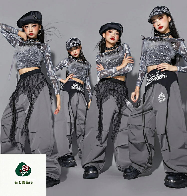 k-pop 衣装 女の子 韓国 アイドル 衣装 ダンス 衣装 キッズ タンクトップ へそ出し 長袖 トップス キラキラ カーゴパンツ ワイドパンツ グレー パンツ キッズ ダンス衣装 アイドル風 ヒップホップ セットアップ キッズ 演出服 ステージ 衣装 ジャズ ダンス 発表会 2