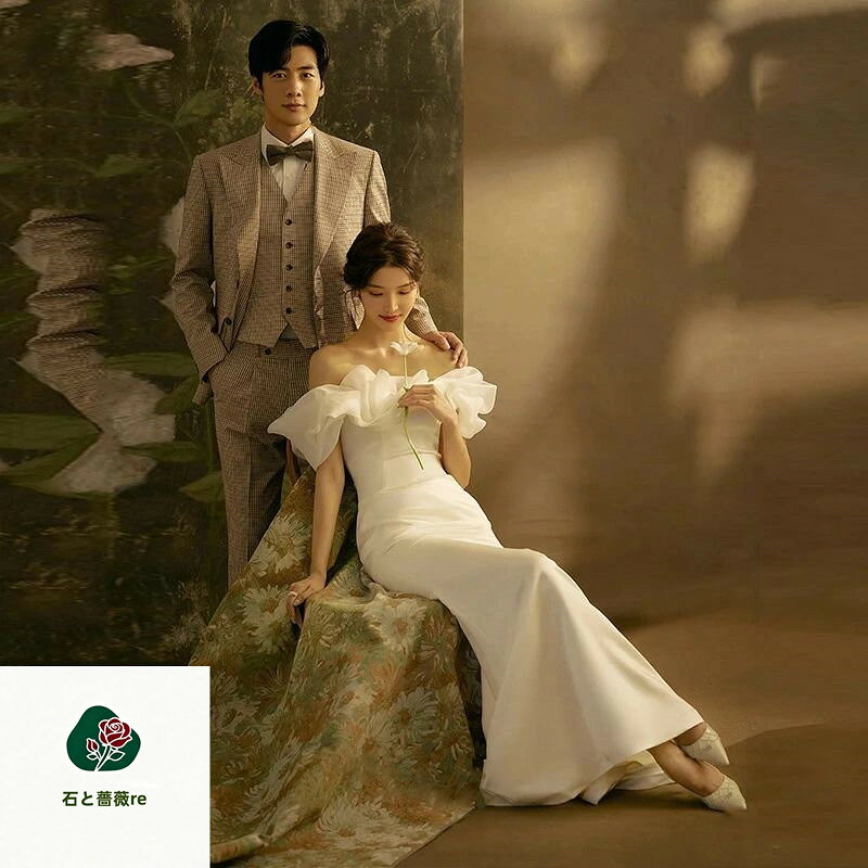 石と薔薇reの★部分即納 花嫁 ウエディングドレス 二次会ドレス 結婚式 ウエディングドレス 格安 披露宴 二次会 結婚式 イベント 演奏会 発表会 フォーマルドレス 白 オシャレ 高級感 海外挙式 ウエディングドレス 花嫁 オフショルダー｜アングル2