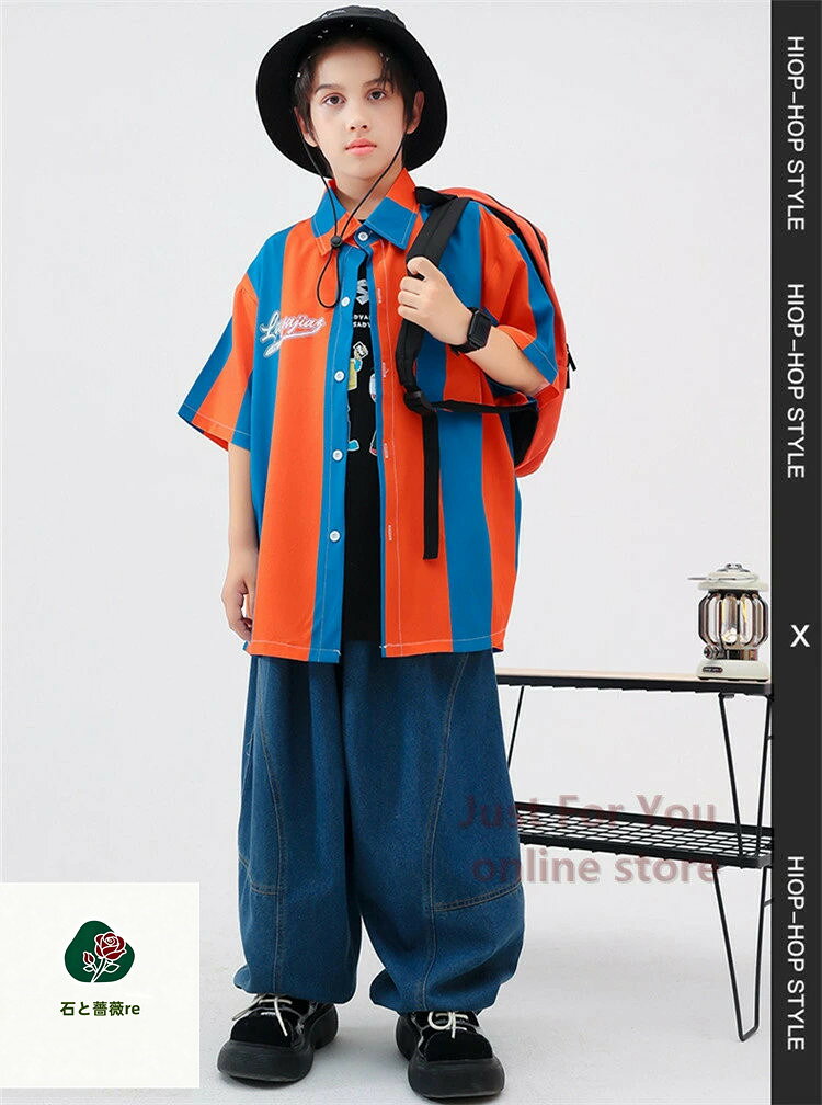★短納期 柄シャツ 半袖 ボーダー柄 キッズ ダンス衣装 セットアップ 子供服 ヒップホップ ジーパン サルエルパンツ ゆったり 女の子 男の子 かっこいい トップス ステージ衣装 ストリート系 レッスン着 HIPHOP JAZZ DANCE 人気 - 2