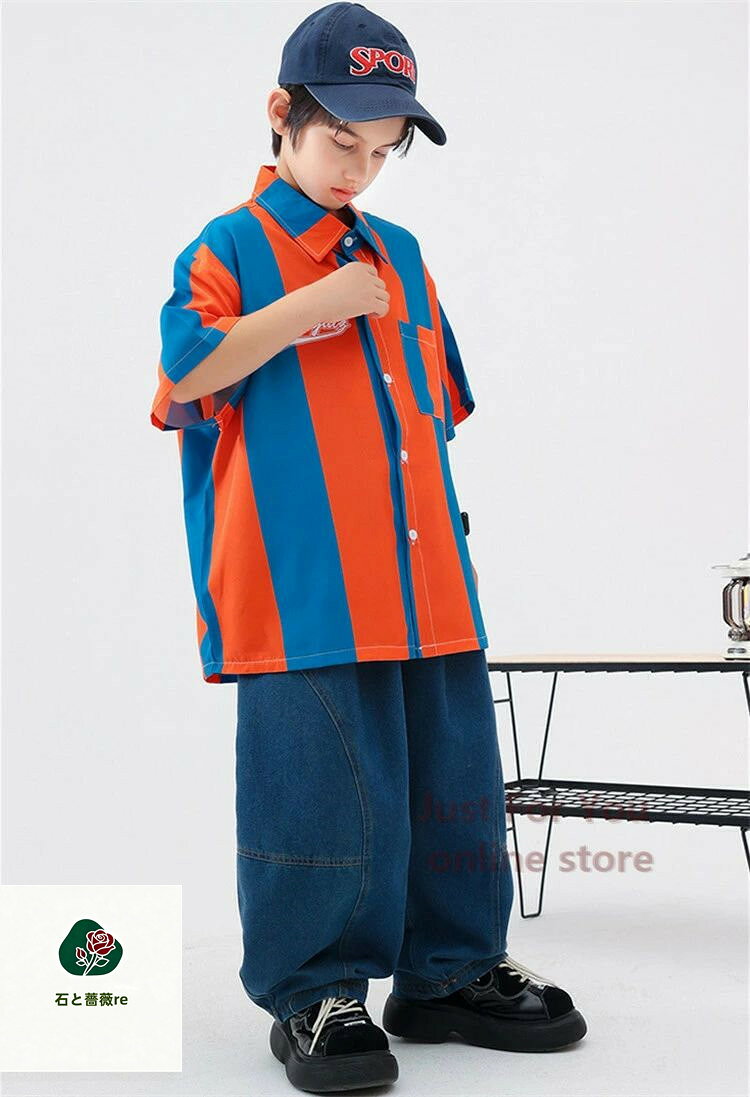 ★短納期 柄シャツ 半袖 ボーダー柄 キッズ ダンス衣装 セットアップ 子供服 ヒップホップ ジーパン サルエルパンツ ゆったり 女の子 男の子 かっこいい トップス ステージ衣装 ストリート系 レッスン着 HIPHOP JAZZ DANCE 人気 - 3