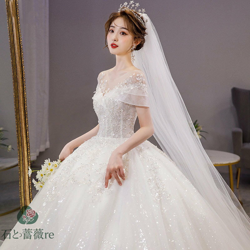 ウェディングドレス オフショルダー Vネック スパンコール ドレス キラキラ ブライダルドレス 花嫁ドレス ビーズ ラインストーン パール 素敵 キレイめ ロングドレス 二次会 結婚式ドレス Aライン 高級感 送料無料 高級感 S/M/L/XL/2XL