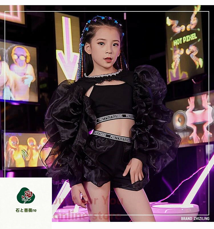 白黒 黄色 キッズダンス衣装 セットアップ ガールズ ジャズ K-POP タンクトップ ショートパンツ 長袖シャツ へそ出し ダンス 衣装 ヒップホップ ダンス大会 イベント チア チアガール 無地 おしゃれ