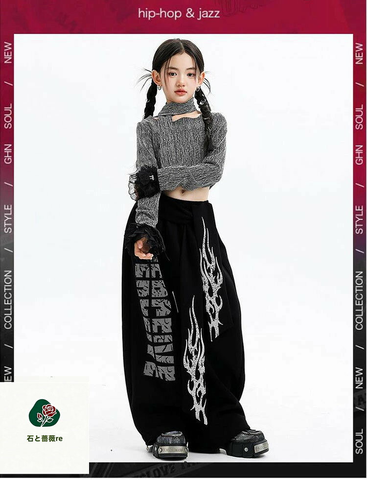 石と薔薇reの銀色 黒 シルバー ブラック トップス 長パンツ 炎柄 へそ出し キッズ ダンス セットアップ 韓国 k-pop ヒップホップ 女の子 ギャル アイドル かっこいい 長袖 カジュアル レジャー 子供服 ステージ衣装 jazz ジャズダンス 団体服 練習着 演出服 原宿系 110-180cm｜アングル2