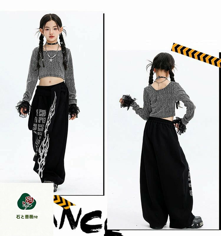 石と薔薇reの銀色 黒 シルバー ブラック トップス 長パンツ 炎柄 へそ出し キッズ ダンス セットアップ 韓国 k-pop ヒップホップ 女の子 ギャル アイドル かっこいい 長袖 カジュアル レジャー 子供服 ステージ衣装 jazz ジャズダンス 団体服 練習着 演出服 原宿系 110-180cm｜アングル3