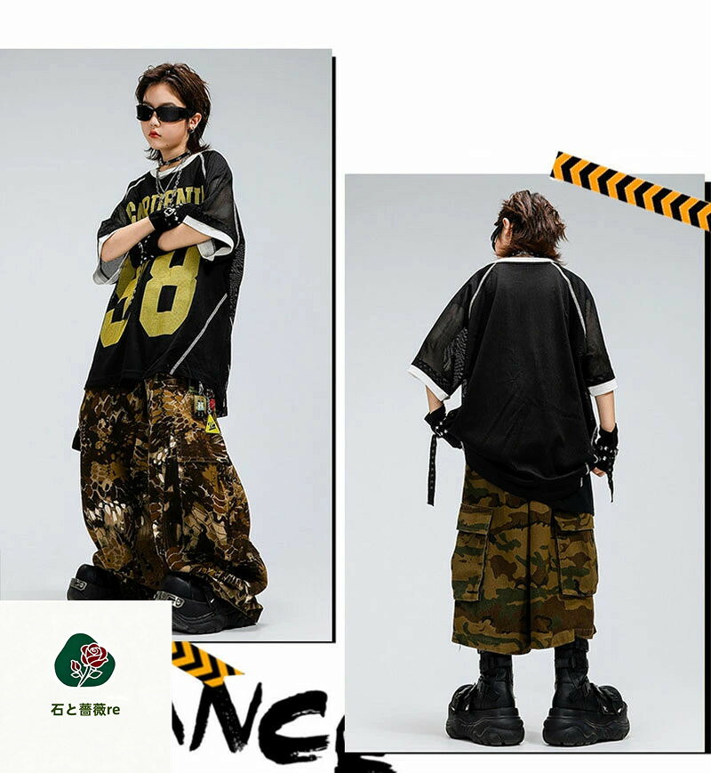人気 迷彩 黒 蛇柄 キッズ ダンス衣装 タンクトップ tシャツ 派手 セットアップ カ...