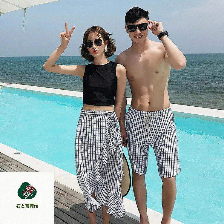 ★格子柄 カップル値段 ペア 水着 カップル水着 レディース メンズ ペアルック4点セット 花柄 パッド付き メンズ水着 男性用 ビーチパンツ サーフパンツ 安い みずぎ mizugi ミズギ 男女 温泉 ハネムーン 蜜月 海外旅行 新婚旅行 夏 送料無料