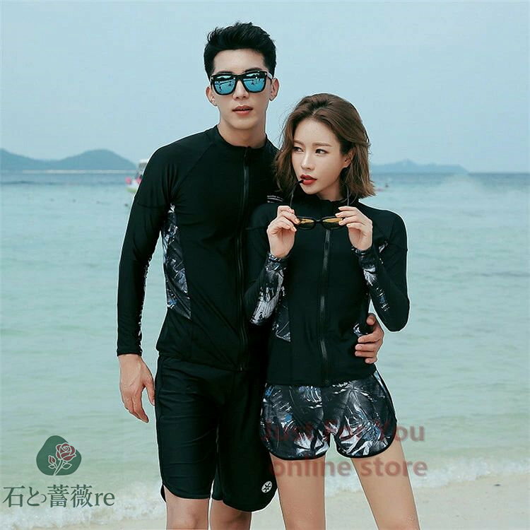 ペア水着 カップル 水着 ラッシュガード フィットネス水着 水着 レディース ビキニ ラッシュガード ショートパンツ レギンス 上下5点セット パンツ 体型カバー リーフ柄 海 プール スイミング レディース水着 セパレート