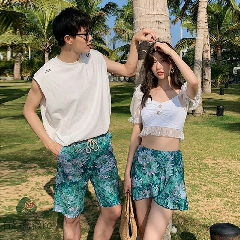 一部即納 カップル値段 ペア 水着 ペアルック カップル 水着 おそろい お揃い 水着 レディース 水着 セパレート スカート 体型カバー 2点セット ホワイト 水色 水着 メンズ 水着 サーフパンツ ビーチパンツ カップル水着 ペア水着 大きいサイズ サーフパンツ