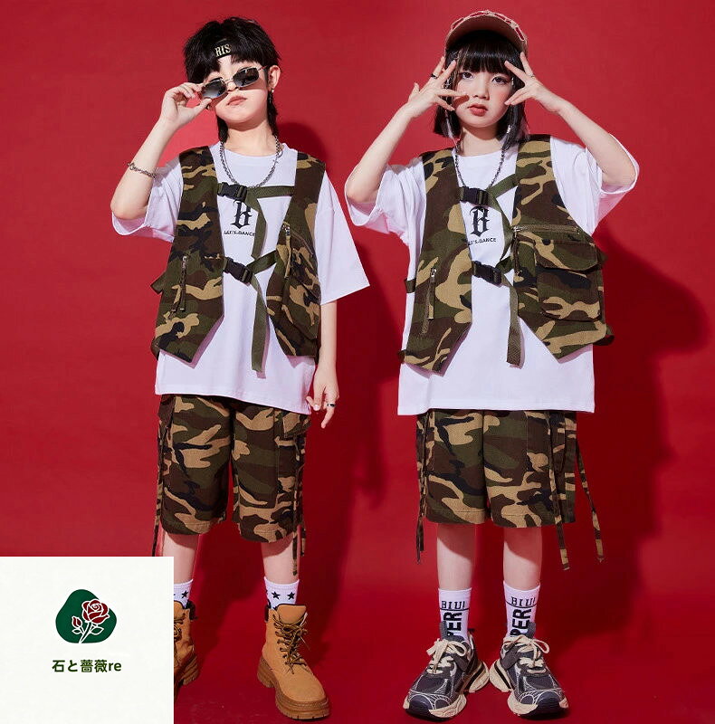 迷彩柄 グリーン キッズ ダンス衣装 セットアップ 男の子 女の子 子供 半袖 tシャツ ショートパンツ カジュアル かっこいい ヒップホップ ジャズダンス ストリート系 派手 ポッピング チアダンス 発表会 演出服 舞台服 団体服 おしゃれ jazz 韓国K-pop HIPHOP 110-180