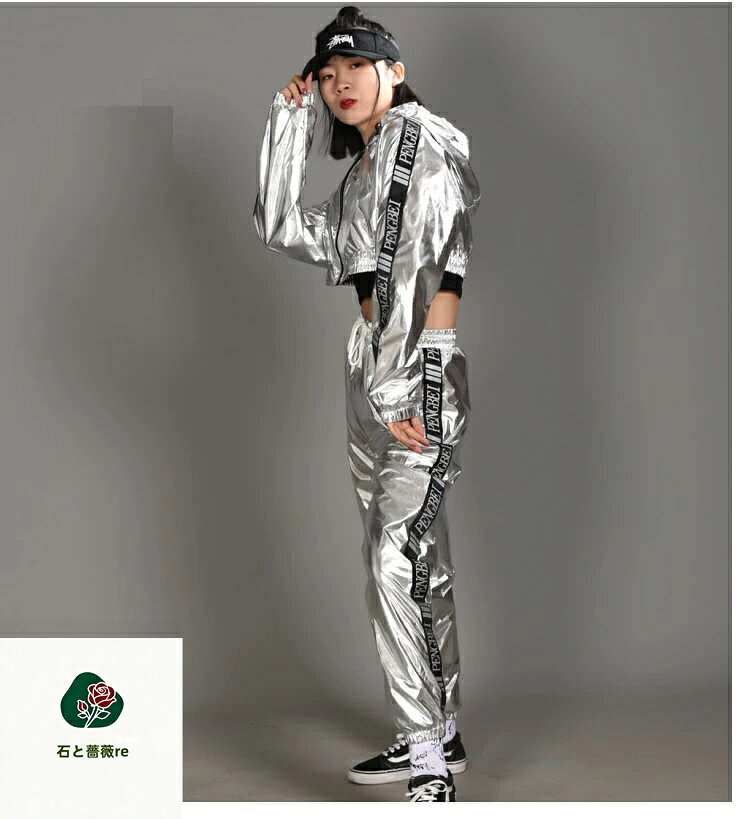 ウィンドブレーカー メタル 光沢 ジャージ 上下 レディース ガールズ ヒップホップダンス衣装 HIPHOP セットアップ ダンス衣装 派手 トップス ズボン K-POP 韓国 シルバー ゴールド 黒