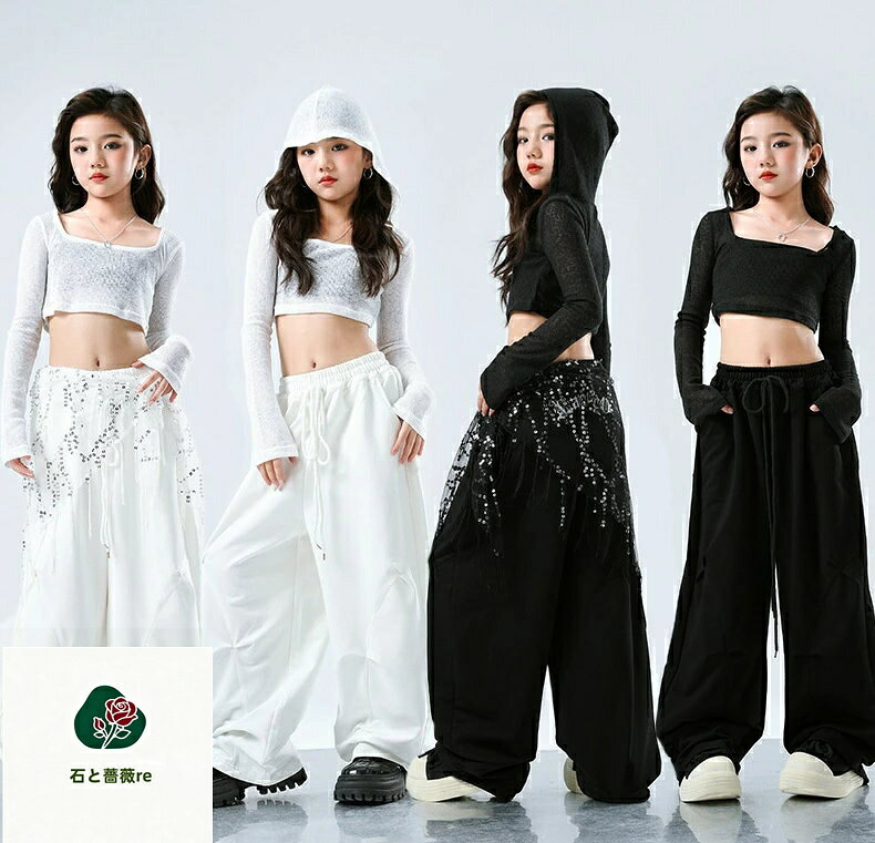 石と薔薇reのダンス衣装 ガールズ ヒップホップ 衣装 白 黒 K-POP 韓国 ジャズ セットアップ へそ出し オフショル 肩出しトップス パンツ キッズダンス衣装 キッズ｜アングル2
