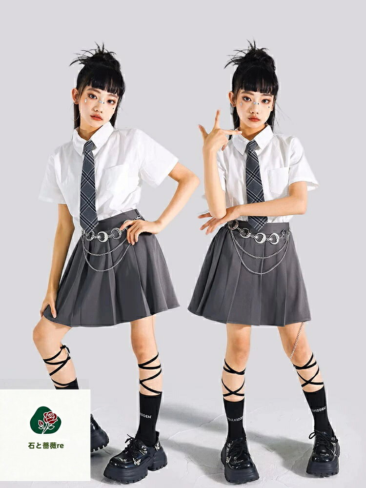 石と薔薇reのキッズダンス衣装 白 グレー ブラウン 制服 K-POP 韓国 ヒップホップ 衣装 派手 ダンス衣装 キッズ セットアップ ガールズ シャツ スカート ダンス衣装 キッズ｜アングル3