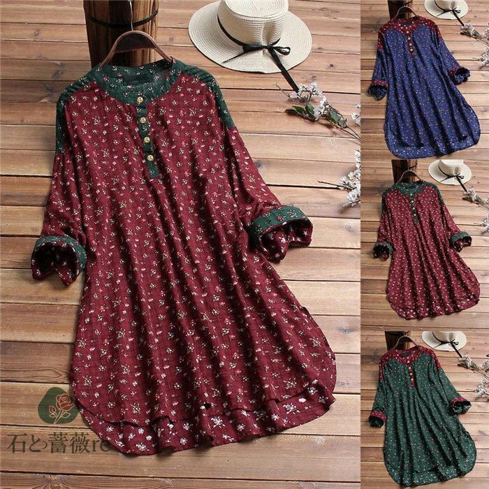 チュニック ワンピース シャツ レディース 綿麻混 チュニック 綿麻混シャツ プルオーバー ブラウス トップス ロングシャツ チュニックワンピース 春 夏 秋 ゆったり 花柄 長袖 可愛い ゆったり 長袖 大きいサイズ 体型カバー 30代 40代 50代 送料無料