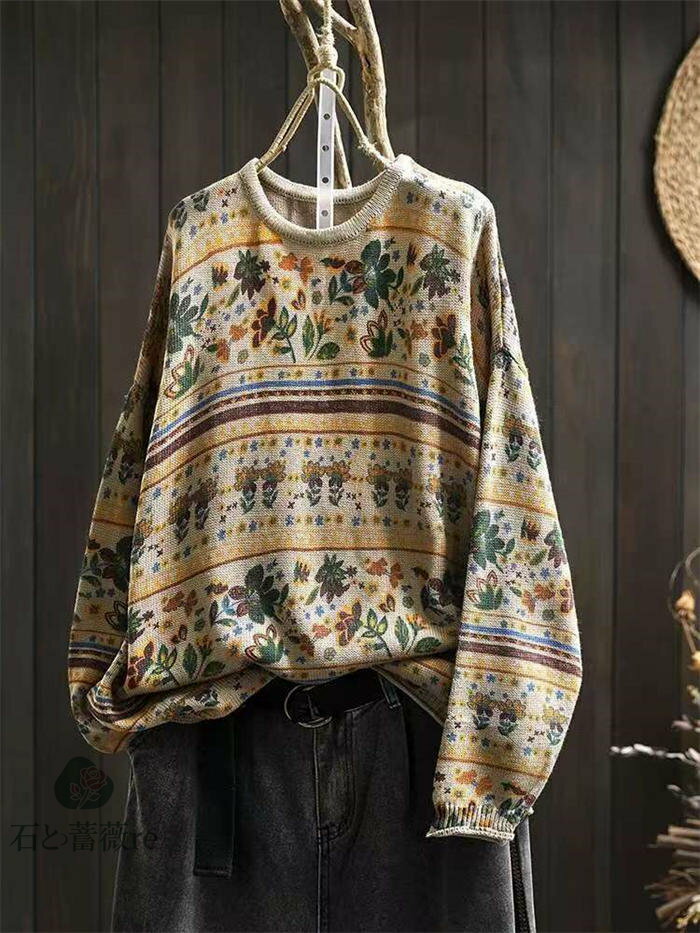 エスニック風 ニットセーター トップス ニット セーター ゆったり クルーネック tシャツ レディース 長袖tシャツ あったか カットソー プルオーバー 重ね着 長袖 ストレッチ インナー 柔らかい 春 冬 秋 着回し 定番 花柄 総柄 暖かい 森ガール 大人 綿 秋冬 送料無料