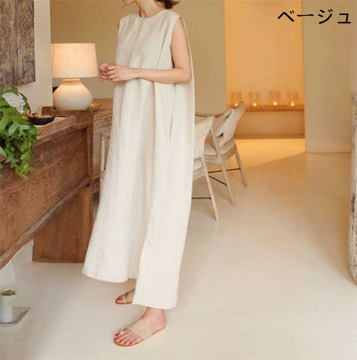 ワンピース レディース ノースリーブ ロング ワンピース リネン 綿麻 コットンリネン ロング ワンピ 体型カバー ゆったり ゆるっとワンピース スリット シンプル ロングワンピ 無地 かわいい 春 夏 大きいサイズ カジュアル 30代 40代 50代 おしゃれ 送料無料 isitobarare-10055520 石と薔薇re サンプル画像2