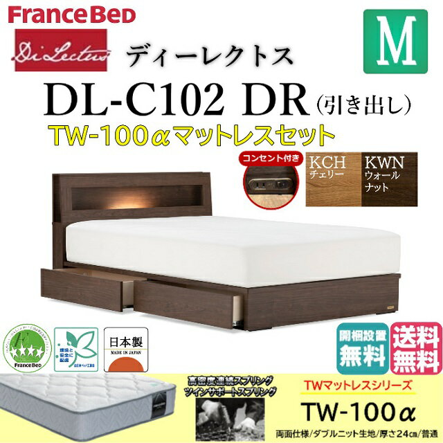 フランスベッド マットレスセット セミダブル ベッド ディーレクトス DL-102 TW-100α DR シンプルデザイン キャビネット ドロアー 引き出し 収納 LED照明 コンセント スノコ床板 日本製 高品質 セミダブルサイズ ベッドセット スノコベッド すのこ 送料無料 開梱設置無料