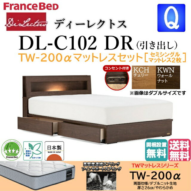 フランスベッド クィーンベッド ディーレクトス DL-102 TW-200αマットレスセット セミシングル2枚 やわらかめ DRフレーム シンプルデザイン 宮付き キャビネット ドロアー 引き出し付き 照明付き LED コンセント付き スノコ床板仕様 日本製 高品質 送料無料 開梱設置無料