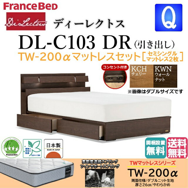 フランスベッド クィーンベッド ディーレクトス DL-C103 TW-200αマットレスセット セミシングル2枚 やわらかめ DRフレーム シンプル 宮付き キャビネット ドロアー 引き出し付き 収納付き 照明付き コンセント付き スノコ床板仕様 日本製 高品質 送料無料　開梱設置無料