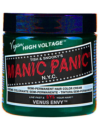 マニックパニックヘアカラー ヴィーナスエンヴィ 118ml MANIC PANIC アルカリカラーでも、中性カラーでも、マニキュアでもない。 海外ではビタミンカラーと呼ばれている酢とハーブでできたpH3.5の直接染料。 ノンダメージで補色できて、さらに、ツヤ感、手ざわり感がUPする。 一言で言うならば色のつくトリートメントです。 NY30年の歴史をもち、トップサロンのトップカラーリストに愛用され、多くのセレブ、 ハリウッドスター、スーパーモデルに指名されるカラーです。 素敵な名前の きれーな みどり。 「女神のあこがれ」とでも訳しましょうか。 神話の世界の女神達さえ、これで染めてみたくなるんです。 きっと・・ ■使用上のご注意■ 衣服や帽子などへの色移りにご注意ください。 頭皮に異常が生じていないかよく注意して使用してください。 化粧品がお肌に合わないとき即ち次のような場合には、使用を中止してください。 そのまま化粧品類の使用を続けますと、症状を悪化させることがありますので、 皮膚科専門医等にご相談されることをおすすめします。 (1)使用中、赤み・はれ・かゆみ・刺激・色抜け( 白斑等 )や黒ずみ等以上があらわれた場合。 (2)使用したお肌に直射日光があたって上記のような異常があらわれた場合。 傷やはれもの・しっしん等、異常がある部位にはお使いにならないでください。 目や口に入ったときや皮膚についたときは直ぐに洗い流してください。 吸入しないように注意してください。 極端に高温または低温の場所、直射日光の当たる場所、乳幼児の手の届く所には保管しないでください。 ご使用前にパッチテストを行って頂き、お肌に異常が生じていないかよく注意して使用してください。 お肌に合わない場合はご使用をおやめください。 【ご使用上の注意】 ●お肌に合わないときは、ご使用をお止め下さい。 そのままご使用を続けますと、症状を悪化させることがありますので 皮膚科専門医等にご相談されることをお進め致します。 ●傷やはれもの、湿疹等、異常のある部位にはお使いにならないで下さい。 ●乳幼児の手の届かないところに保管して下さい。 ●直射日光の当たる場所、極端に高温や低温になる場所には保管しないで下さい。 ●その他、本商品の取り扱いをよく読んでご使用下さい。 ■複数店舗で在庫共有のため万が一在庫がない場合は、 納期をメールでおしらせします。 ■パッケージ・デザインは予告なく変更となる場合があります。 ■商品は品質改良の為、予告なく仕様を変更する場合がございます。 ■商品がリニューアルした場合はリニューアル後の商品をお届けする場合があります。ゆうパケット及びレターパックプラスでの発送は日時指定、代引き不可となります。 箱潰れ等の商品の保証はございませんのでご了承の上、ご購入下さい。 　メーカー　 　マニックパニック　 &nbsp;区分 &nbsp;化粧品 &nbsp;製造国 &nbsp;　海外　 &nbsp;広告文責 &nbsp;愛らんどびゅーてぃTEL/FAX：078-646-8629