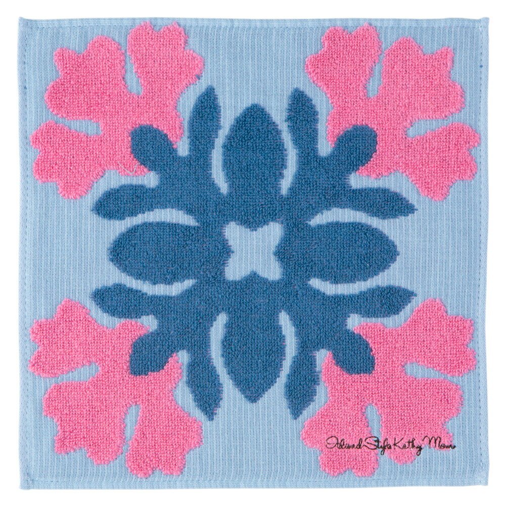 【 キャシーマム 】 ハワイアンキルト柄 ミニタオル ロケのリコ ブルー25cm×25cm　 【 ハワイアン雑貨 プチギフト 入園 お土産 タオルハンカチ 綿100％ ギフト 】
