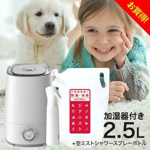 電解製法 次亜塩素酸ジアニスト500ppm 2500mlミストシャワー付き次亜塩素酸水対応 超音波噴霧器付・加湿器スプレー除菌消臭 ウイルス・細菌・花粉・皮膚刺激試験クリア済み【イチオシ】