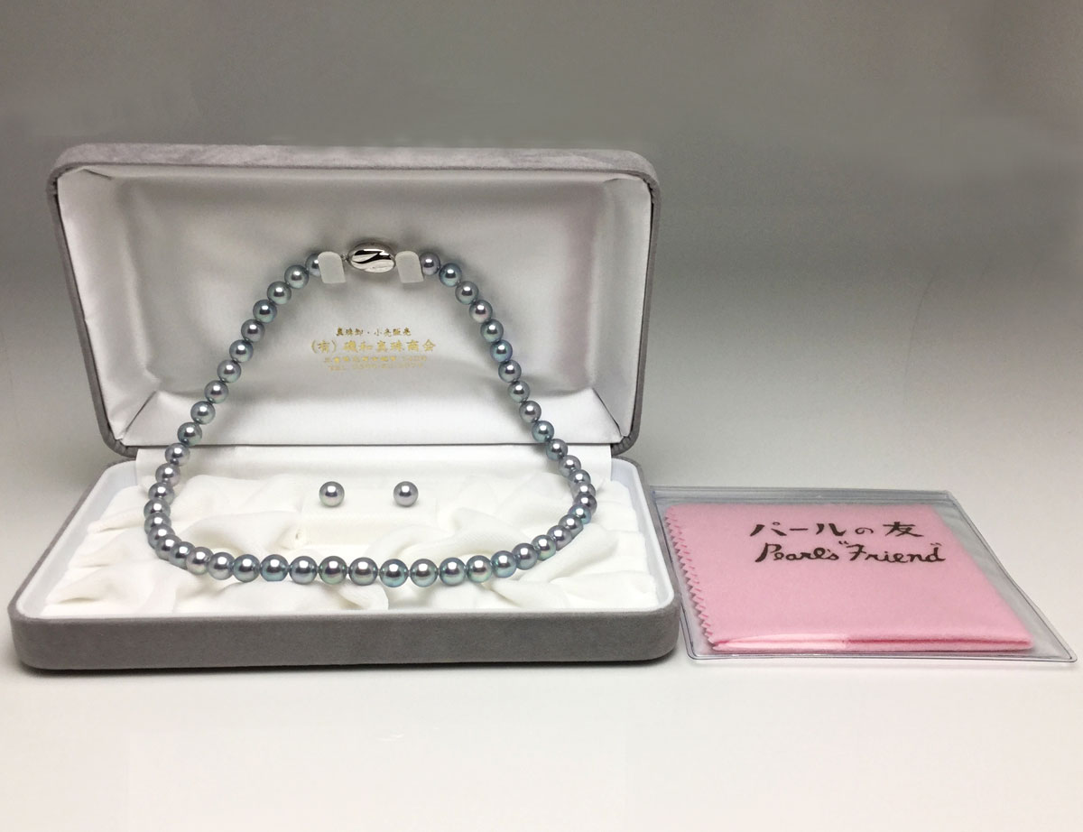 アコヤ真珠ブルーネックレス ピアスorイヤリングセット ブルーグレー 葬儀 冠婚葬...