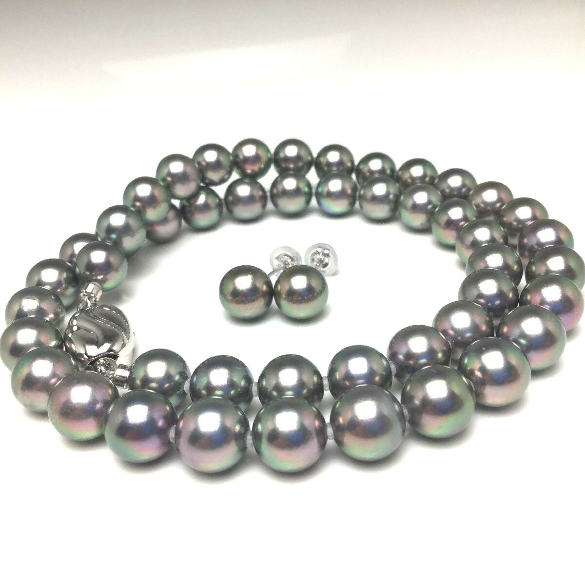 真珠 ネックレス パール アコヤ真珠 イヤリングorピアス セット 8.0-8.5mm ブルーグリーン シルバー クラスップ 73204 イソワパール