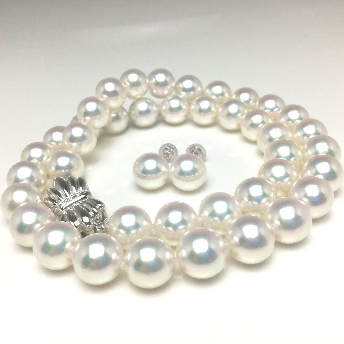 真珠 ネックレス パール オーロラ天女 アコヤ真珠 イヤリング or ピアス セット 9.5-10.0mm ホワイト系ホワイトピンク K14WG 0.03ct ...