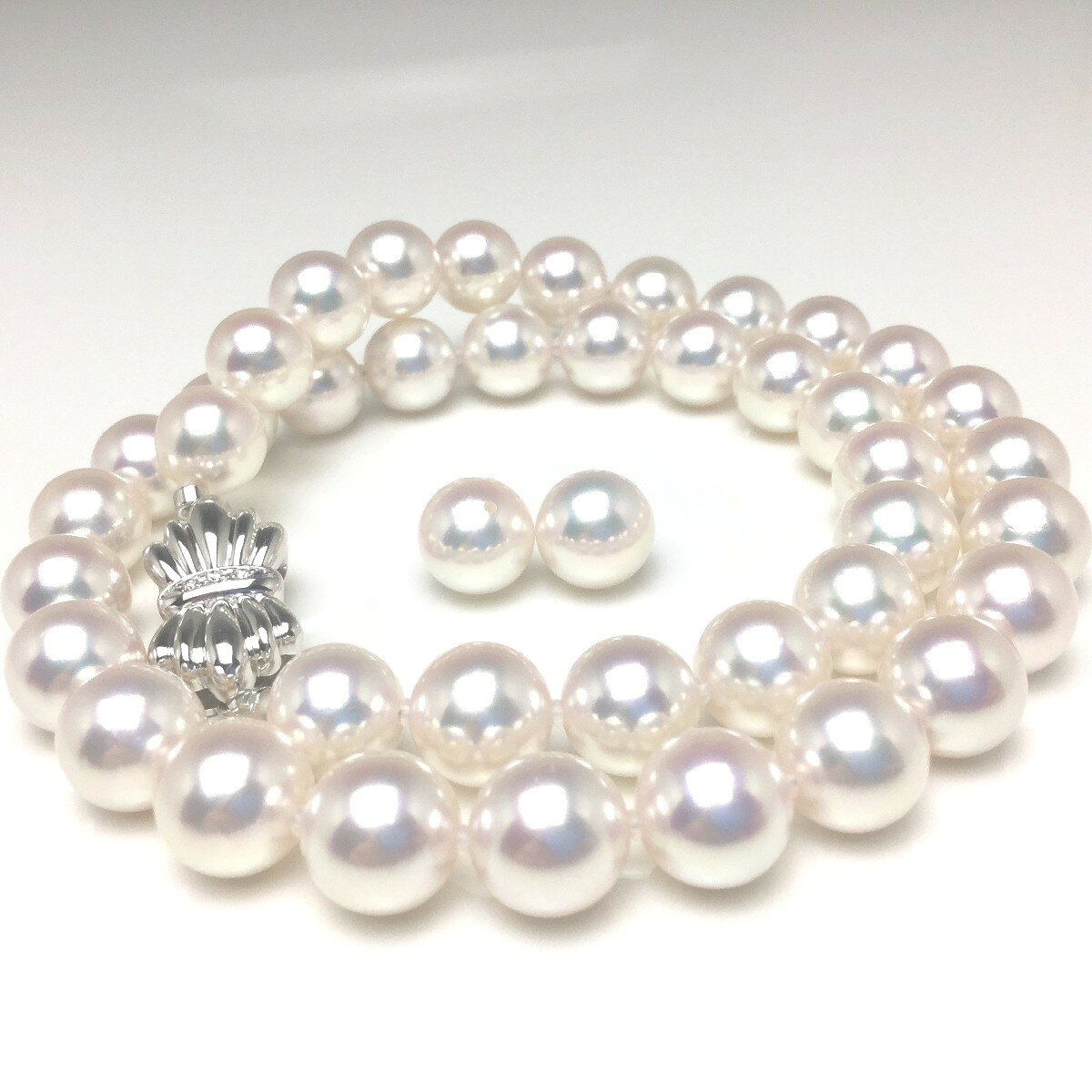 真珠 ネックレス パール オーロラ天女 アコヤ真珠 イヤリング or ピアス セット 9.5-10.0mm ホワイト系ホワイトピンク K14WG 0.03ct ...