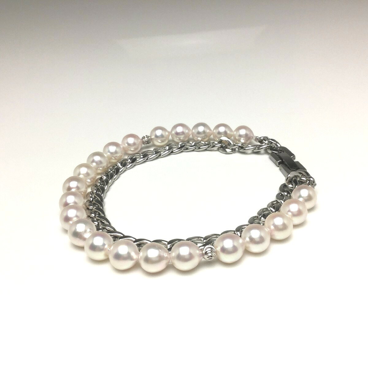 乐天商城 - 【男性用】真珠 ブレスレット パール アコヤ真珠 7.5-8.0mm ホワイトピンク ステンレス シルバー ミラーボール ハート 69557 イソワパール
