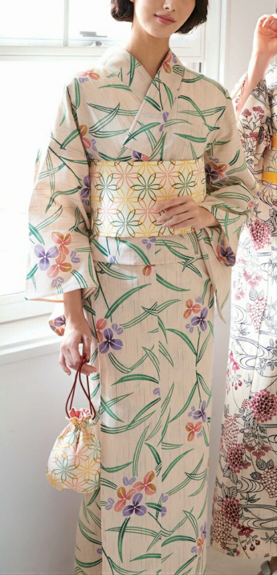 [送料無料]浴衣(ゆかたyukata) 源氏物語浴衣(ゆかた) さわらび 手縫い仕立て付き 20069 麻30%・綿70% (染色方法・注染) (仕立て無し反物で納品も可) 帯は別売り