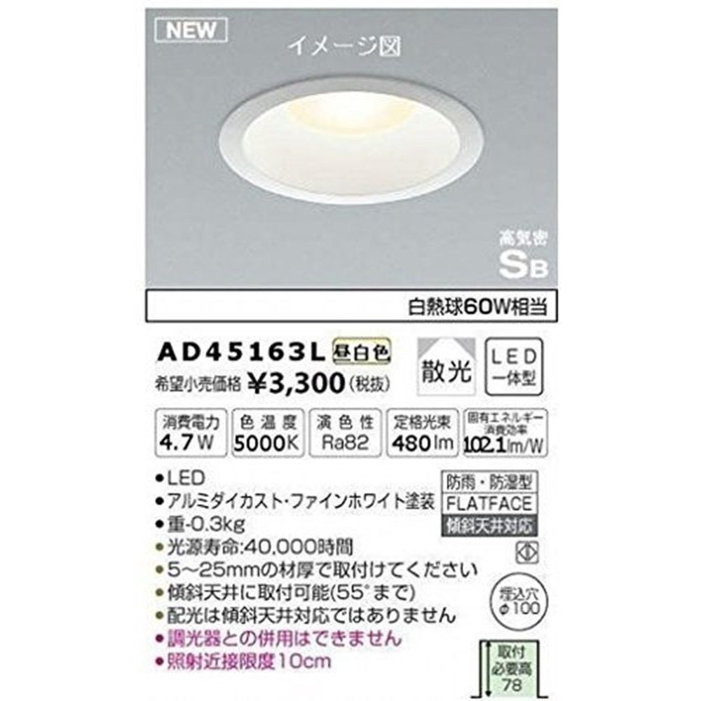 LEDダウンライト LED一体型 5000K 調光器併用不可 φ100 AD45163L