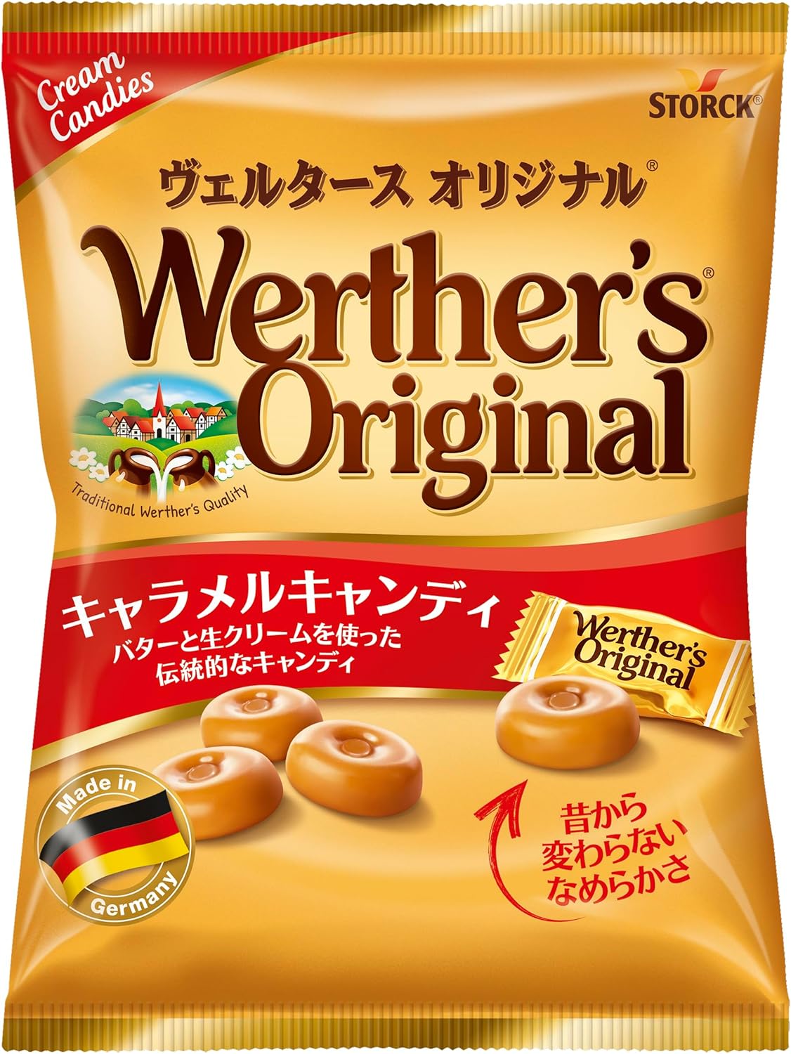 商品紹介 厳選された高品質な原材料と伝統が生み出す、「ヴェルタースオリジナル」キャラメル。なめらかでクリーミーな味わいは世界中の多くの人に愛されています。本物のバター、生クリーム、ひとつまみの塩、3つの変わらない素材をバランスよく組み合わせで至福の時間を提供します。 原材料・成分 砂糖、水あめ、生クリーム、濃縮ホエイ、バター、糖みつ、食塩／乳化剤、香料（一部に小麦・乳成分・大豆を含む）
