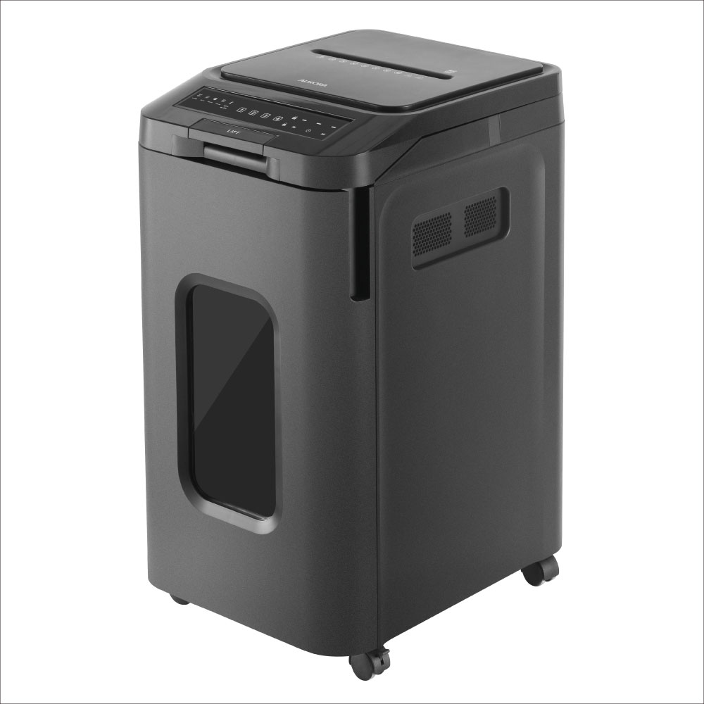 商品仕様 製品寸法:400×500×760mm 製品重量:約23.4kg 定格細断枚数:オートフィード470枚 手差し10枚【最大12枚】（A4コピー用紙） 裁断サイズ:4×12mm（ミニクロスカット） メディア対応:クレジットカード1枚/CD1枚 裁断速度:1.8m/分 連続裁断時間:240分（自動連続使用）45分（休止時間） 30分（手差し連続使用）45分（休止時間） モーターの音量:52dB ダストボックス容量:約53L 特徴 ・一度に最大470枚のA4用紙入れるだけで自動裁断 ・オートフィード連続運転時間 業界最長240分 ・静音＆ミニクロスカット　オートフィードモデル！ ・暗証番号ロック機能付き ・電源、過熱、紙詰まり、半ドア、ゴミ捨て表示ランプ ・静音タイプ