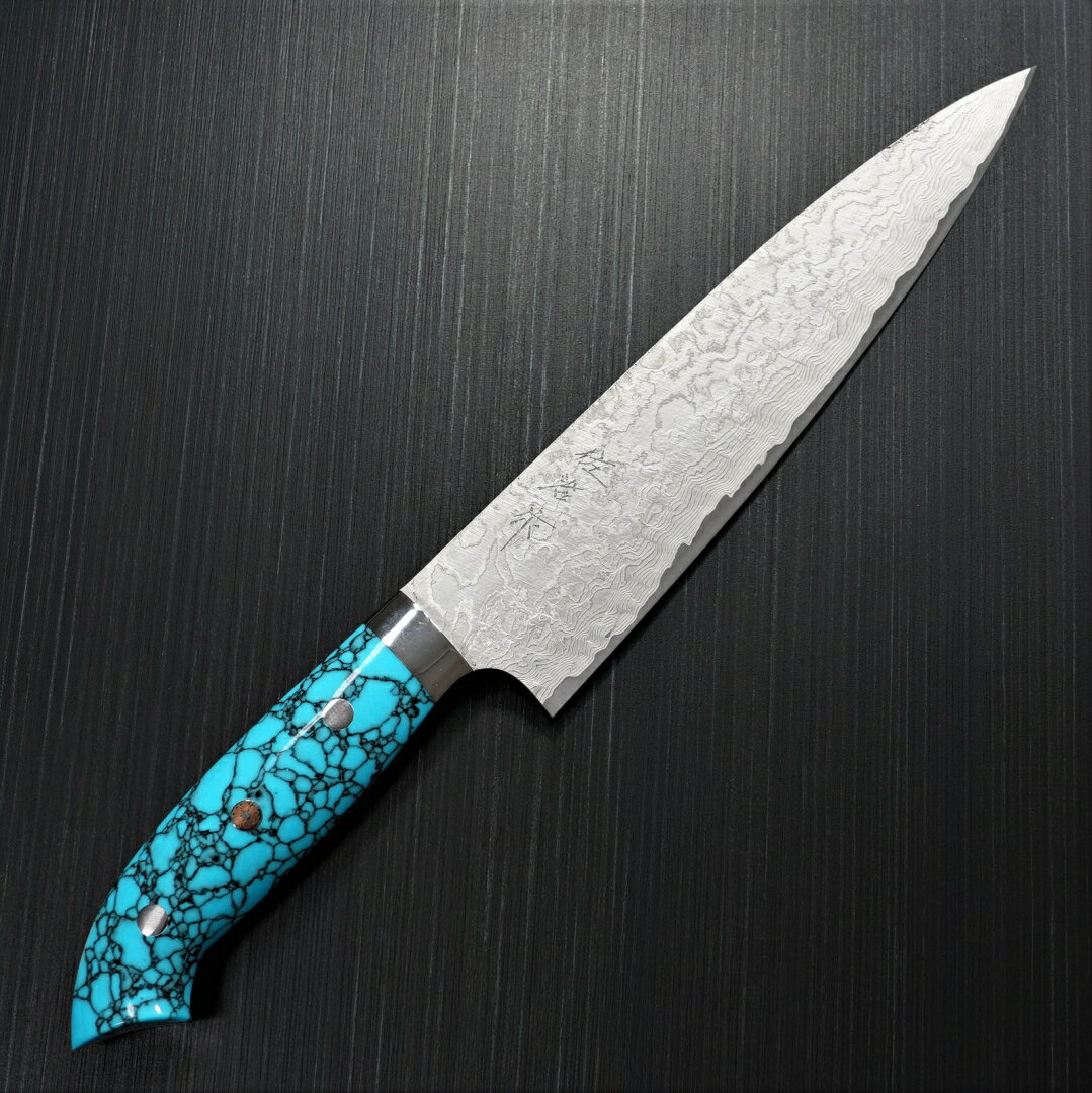 包丁 牛刀 210mm 佐治打刃物 ダマスカス 粉末ハイスステンレス スーパーゴールド2 マット仕上 ブルーターコイズ 佐治武士のサムネイル