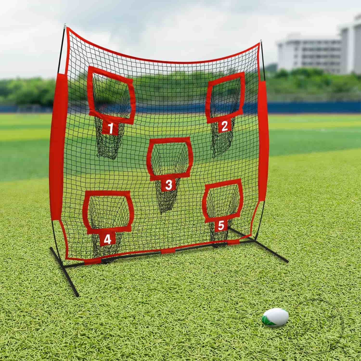 7 x 7フィート ラグビースローイングネット、ラグビーパスターゲットネット、ターゲットポケット5個付き、屋内外兼用
