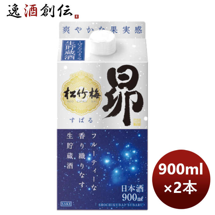 送料について、四国は別途200円、九州・北海道は別途500円、沖縄・離島は別途3000円 商品名 日本酒 松竹梅 昴 生貯蔵酒 宝焼酎 紙パック 900ml 2本 メーカー 宝酒造株式会社 容量/入数 900ml / 2本 Alc度数 14度以上 15度未満 原材料 米（国産）、米麹（国産米）、醸造アルコール 容器 紙パック 日本酒度 備考 商品説明 独自酵母により最適のバランスで高い香りを生みだした生貯蔵酒。爽やかな果実感と、吟醸酒の2倍以上の香り成分による華やかな香りが特長。