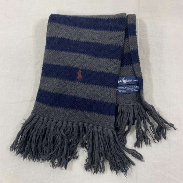 POLO RALPH LAUREN ポロラルフローレン マフラー マフラー Long Scarf ボーダーウールマフラー/NAVY×GRAY/刺繍ロゴ/男女兼用【USED】【古着】【中古】10098077