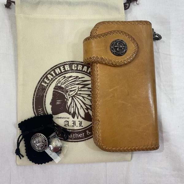 レザー leather craft you 長財布 バイカーズウォレット 本革 革財布 LEATHER WALLET キャメルブラウン コンチョ 表記無し【USED】【古着】【中古】10128256