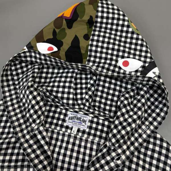 アベイシングエイプ 001SH0801012X シャークフェイス ギンガムチェック 長袖 フーディ フード フランネル シャツ L【USED】【古着】【中古】10134561