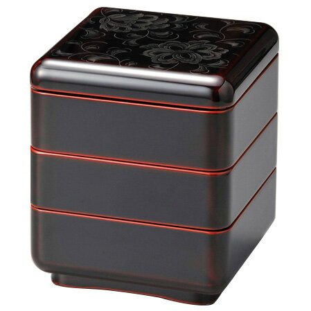 花彫り姫小重 溜 木製 漆塗り 重箱 3段 12-14801