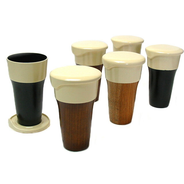 ビアグラス　蓋付き　三色　6客セット（日本製）木製漆塗りのフリーカップのセット　木の焼酎カップ/ビアカップ　和食器　漆器