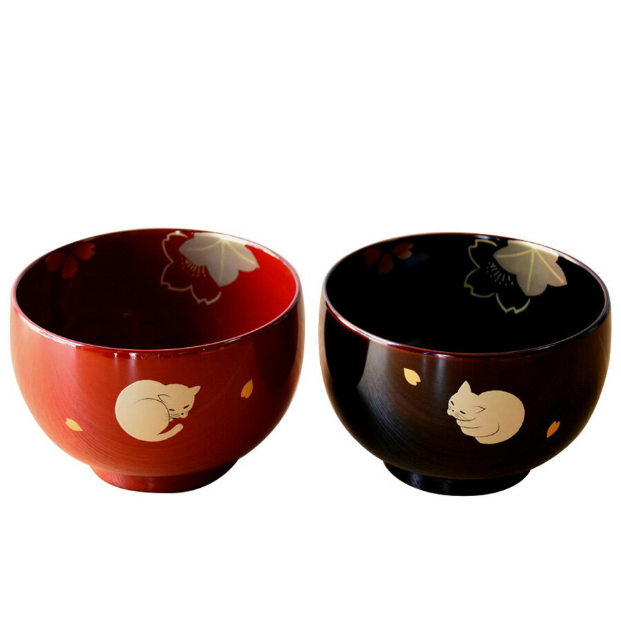 汁椀 ネコ内桜 古代朱/溜 漆塗り　12-02101/02102