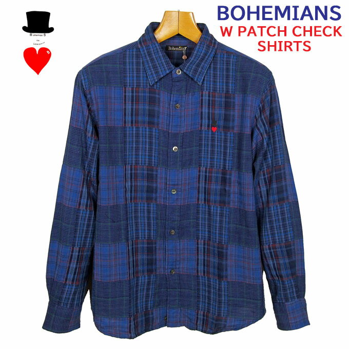 Bohemians (ボヘミアンズ)　レギュラーカラー　ルーズフィットシャツ二重織のガーゼ生地　パッチワーク風のチェック柄　コットン　日本製ボヘミアンズらしい柔らかな素材　ルーズシルエット送料無料