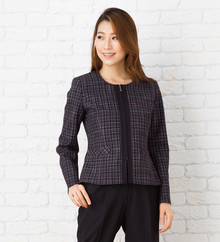 【スーパーSALE限定価格】チェック柄ノーカラージャケット レディース 秋冬 事務服 オフィス制服 BONMAX BONOFFICE