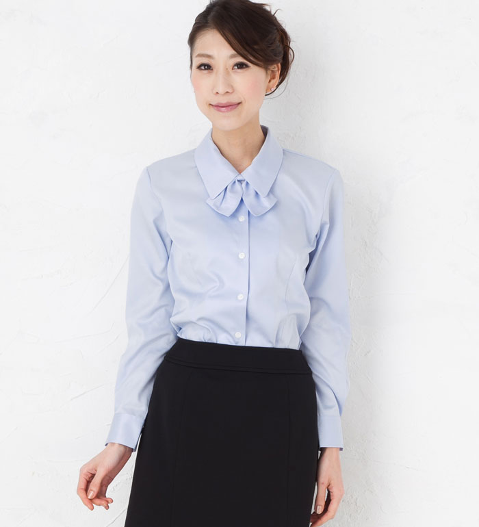 取り外し可能なリボン付長袖ブラウス レディース 事務服 企業制服 オフィスユニフォームにもおすすめ！