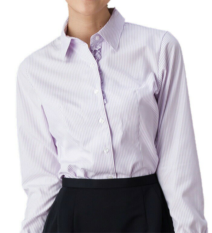 快適温感せんいで心地いい温度をキープ！ 技ありフリル付ストライプ長袖ブラウス レディース 事務服 企業制服 オフィスユニフォームにもおすすめ！