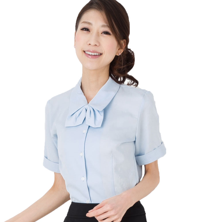 安心の透け防止素材!取外し可能なリボン付き半袖ブラウス レディース 事務服 企業制服 オフィスユニフォームにもおすすめ!