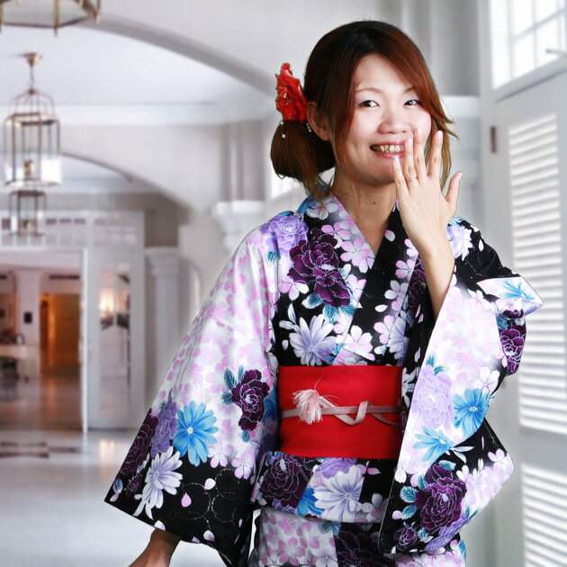 【浴衣 レンタル】ゆかたレンタル 浴衣 セット レンタル レディース 3点セット☆浴衣・帯・下駄☆NT-y039 黒パープル ぼたん 桜 浴衣レンタル 浴衣セット レンタルゆかた 〔浴衣〕〔ユカタ〕〔貸衣装〕【往復送料無料】【レンタル】